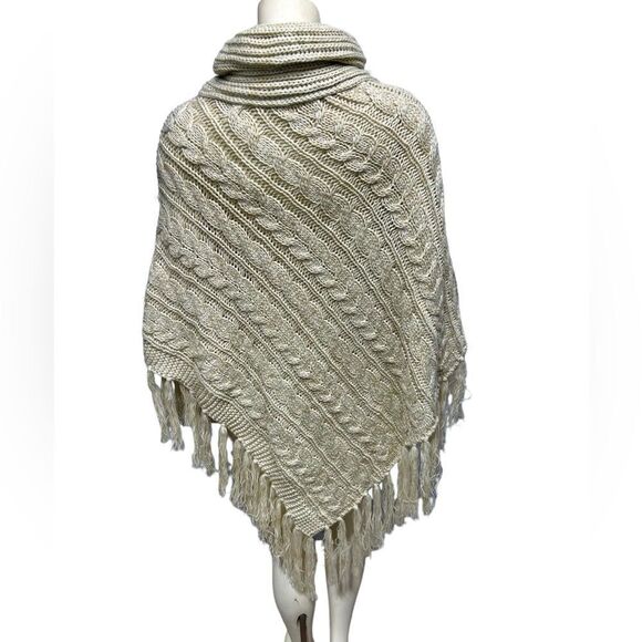 Cable Knit Turtleneck Poncho Sweater Tan Cream Neutral Color Fringe Chunky Knit - Picture 4 of 10